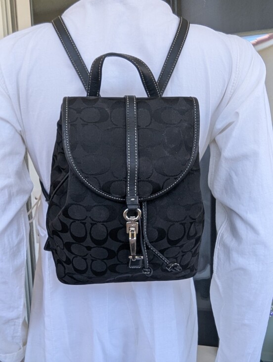 black signature coach backpack Coach Black Signature Canvas Mini Backpack with Leather Trim